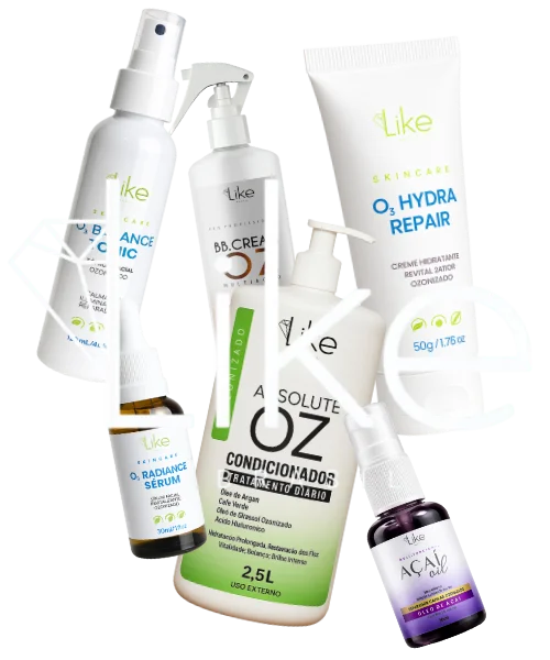 Imagem com a Logo da Like Brasil a frente e diversos produtos ozonizados atrás