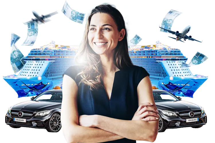 Mulher sorridente a frente de diversos prêmios como carros, cruzeiros, notas de 100, etc